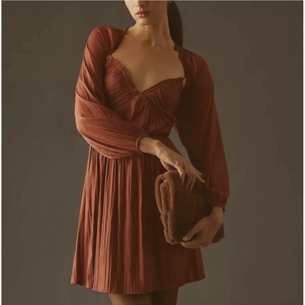 Anthropologie Rust‎ Long Sleeve Pleated Mini Dress Boho Romantic Peasant Style S
